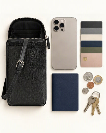 What fits in the Cowhide Leather Vertical Phone Crossbody Bag: a 6.9-inch phone (iphone 16 pro max), 6 cards, a passport, coins, keys