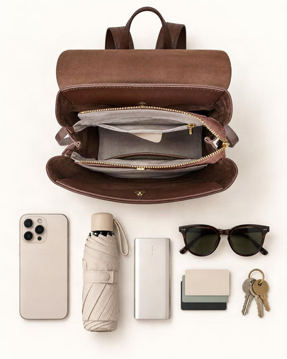 What fits in the Cowhide Leather Backpack with Magnetic Flap: smartphone up to 6.9 in, a compact umbrella, a slim power bank, sunglasses, cards, keys