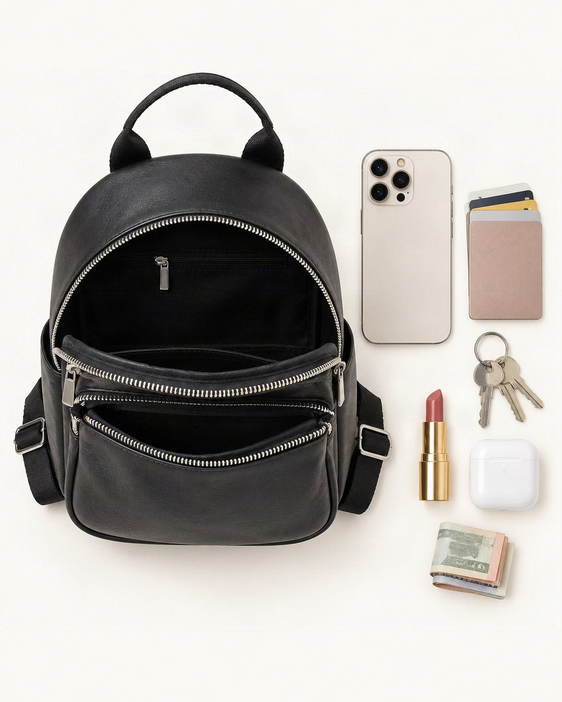 What fits in the Top-Grain Cowhide Small Backpack: smartphone up to 6.9 in, cards, keys, a lipstick, airpods in their case, a few banknotes folded over into a small stack, no complete flat bill face showing