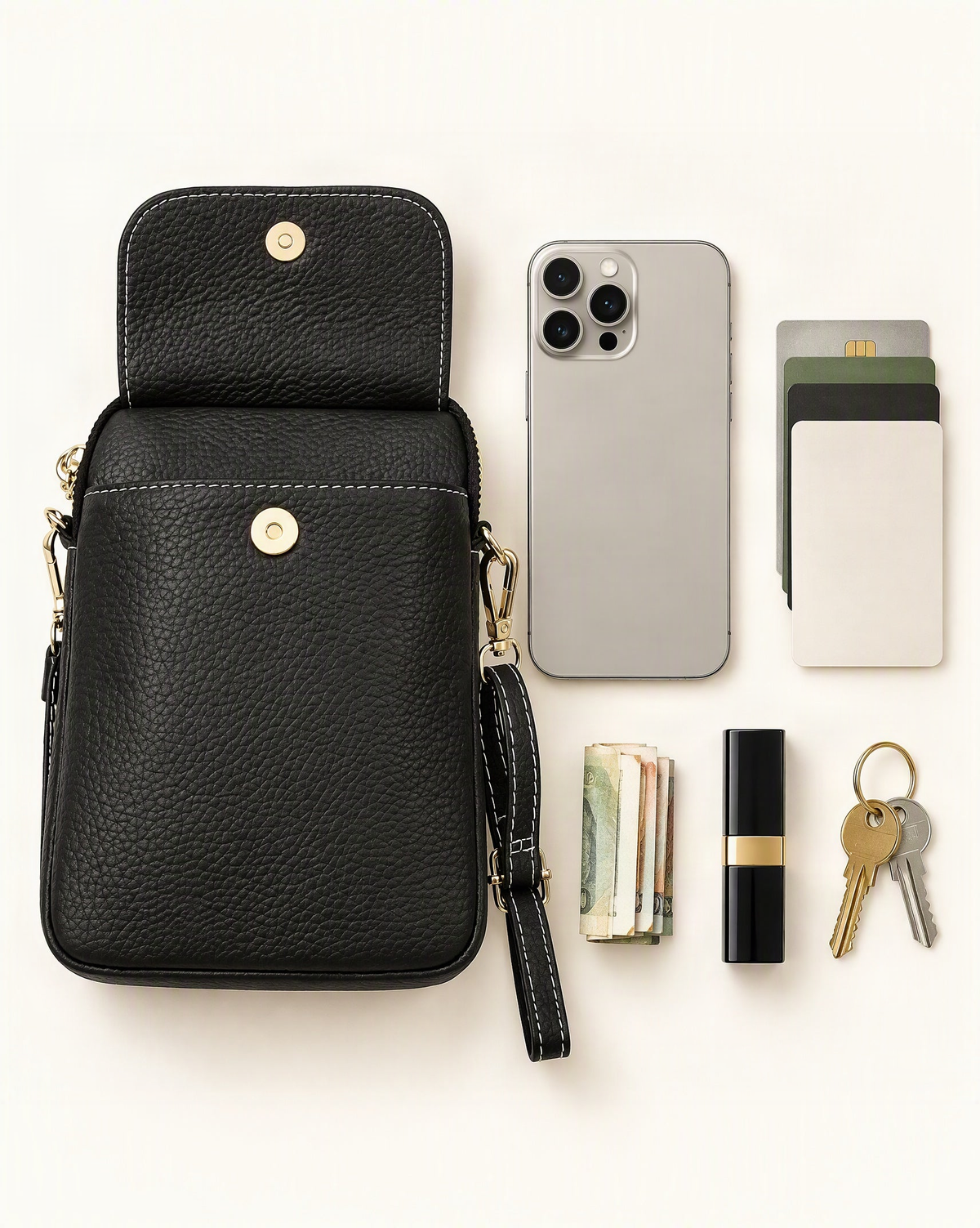 What fits in the Top-Grain Cowhide Leather Micro Crossbody Phone Bag: a 6.9-inch phone (iphone 16 pro max), cards, a few banknotes folded over into a small stack, no complete flat bill face showing, a lipstick, keys