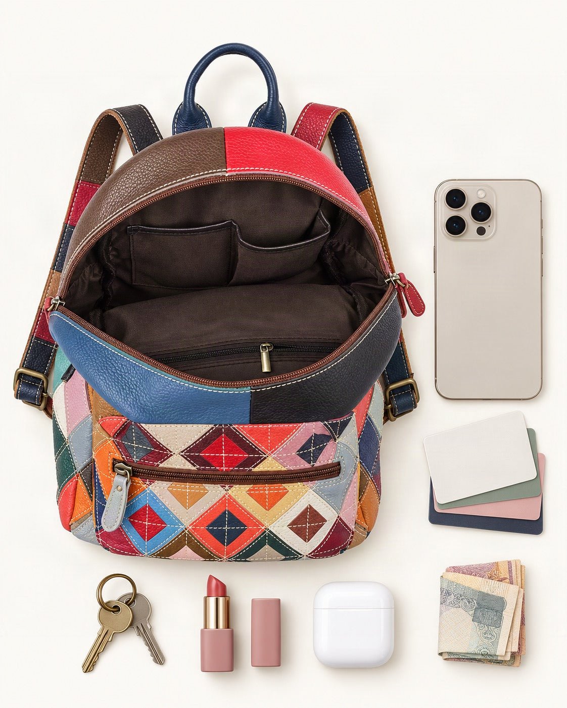 What fits in the Top-Grain Cowhide Patchwork Backpack: smartphone up to 6.9 in, cards, keys, a lipstick, airpods in their case, a few banknotes folded over into a small stack, no complete flat bill face showing