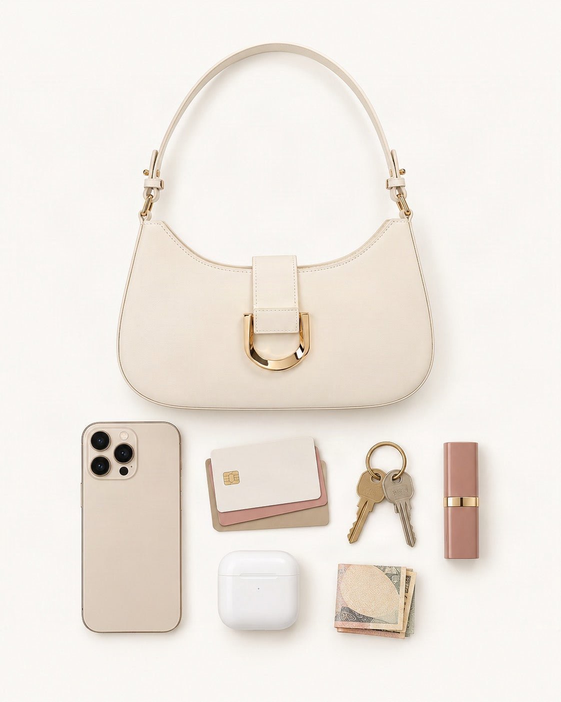 What fits in the Fitted Small Cowhide Leather Shoulder Bag with Buckle: smartphone up to 6.9 in, cards, keys, a lipstick, airpods in their case, a few banknotes folded over into a small stack, no complete flat bill face showing
