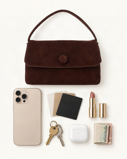 What fits in the Suede Lambskin Mini Shoulder Bag with Button Flap: a 6.9-inch phone (iPhone 16 Pro Max), cards, keys, a lipstick, AirPods in their case, folded notes
